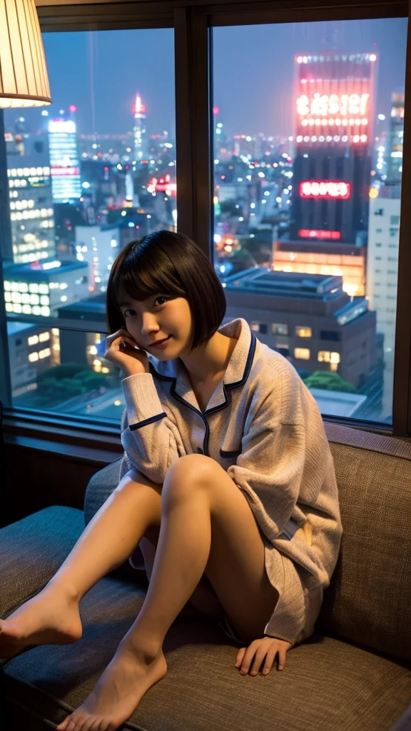 25 years old, Japanese woman, beautiful, short hair, pajamas, sitting on sofa, Tokyo night view from window