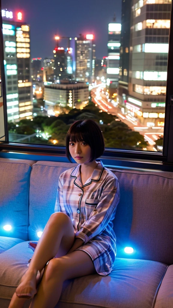 25 years old, Japanese woman, beautiful, short hair, pajamas, sitting on sofa, Tokyo night view from window