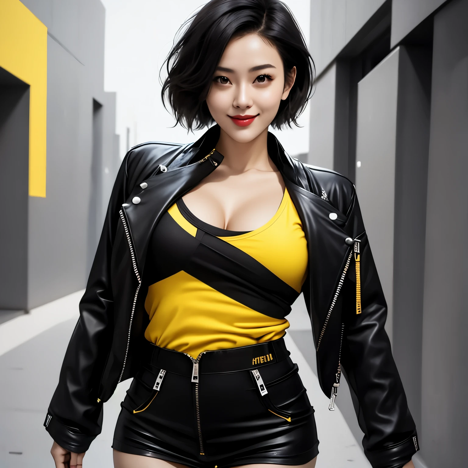 realistic, portrait of a girl,AI language model, short hair, smart, energetic, cheerful, creative, with sparkling eyes and a contagious smile, cybertech wear, sleek and futuristic design elements, 20 years old, 1girl, japanese, cleavage, underboob, black jacket, yellow top tank, cyberpunk clothes, cleavage exposed, thick girl, tech short, portrait, sexy