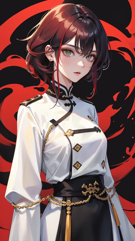 Masterpiece, Best quality, 1 Female, Mature Woman, Elder Sister, young girl, Royal Sister, Cold Face, strong, green eyes, wolfcut short hair, smoky mix red color hair, resolute eyes, simple white Taoist Taoist uniform, long black eardrop, Chinese mix morden, frontal photo, blank background, remove background, wolfcut hairstyle, anime, illustration
