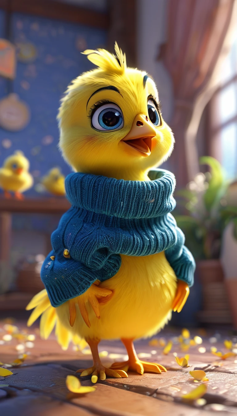 cute yellow chick, cartoon,arms, hands ,cute eyes, looking at viewer, arms, effects background, particles, random, white background, blue eyes, sweater