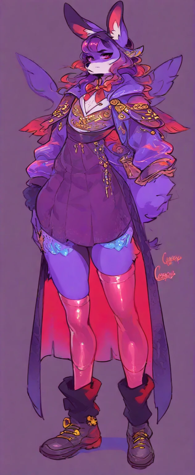 1 women, furry, Antro, fox, antropomorfic , pink eyes, blep, coffeesoda art style, e621, Fantazy adventurer, purple fox femboy, black boddy, purple hair, long hair, purple fur, bunny ears,purple clothing ,furry, skirt,cargo pants, pink thighhighs, layered haircut, horns, neon ( ( character concept art ) ), official character art, 