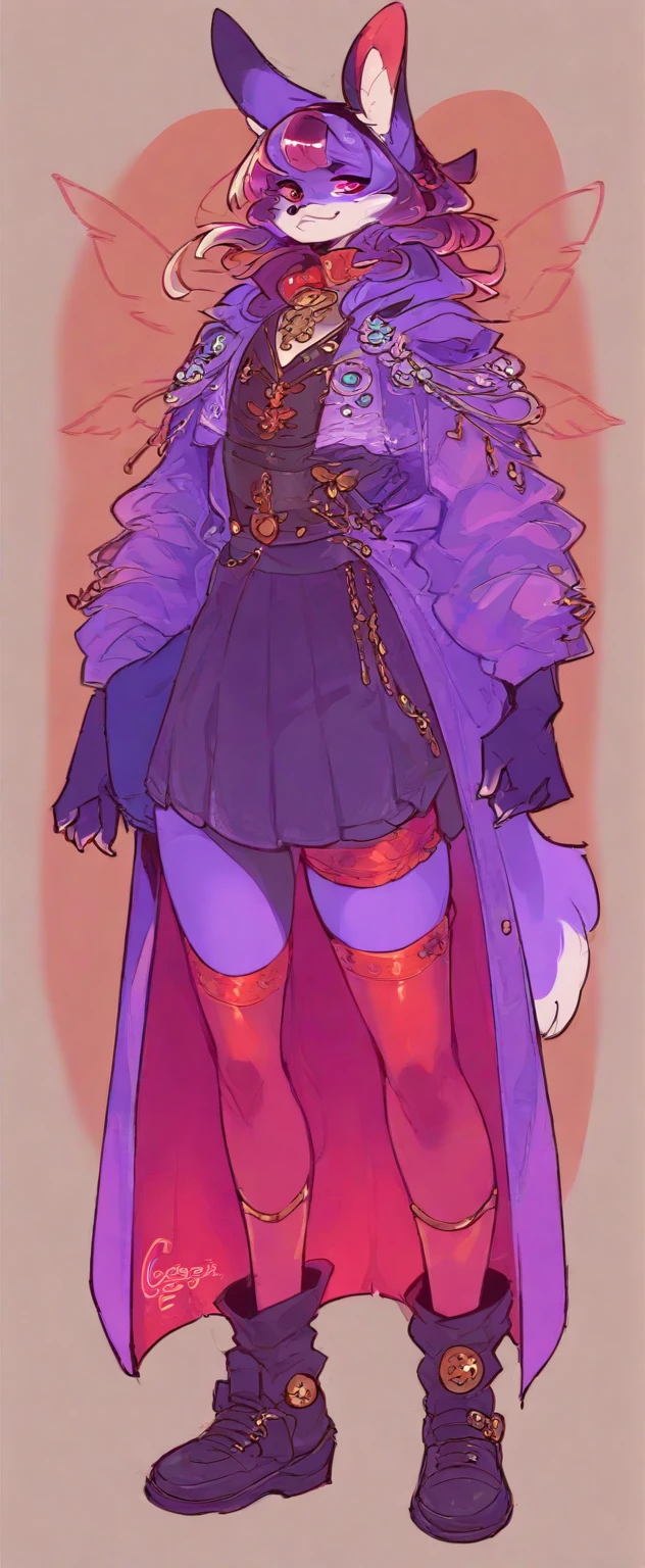 1 women, furry, Antro, fox, antropomorfic , pink eyes, blep, coffeesoda art style, e621, Fantazy adventurer, purple fox femboy, black boddy, purple hair, long hair, purple fur, bunny ears,purple clothing ,furry, skirt,cargo pants, pink thighhighs, layered haircut, horns, neon ( ( character concept art ) ), official character art, 