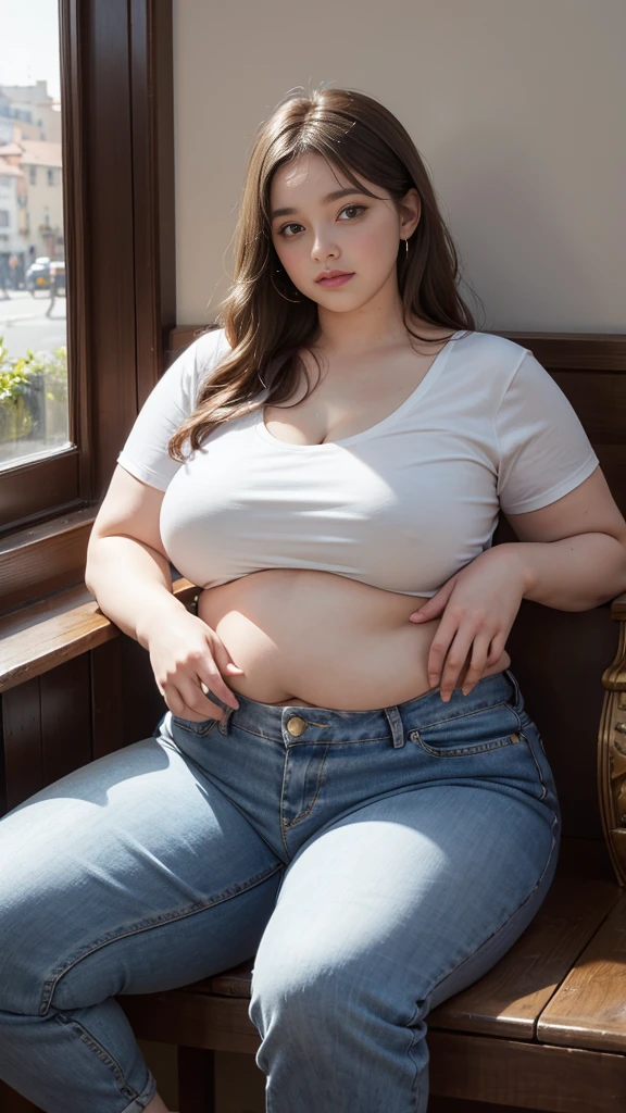 Femme très grosse, assise dans des coussins, Makima, bbwchan, cheveux rouges et yeux jaunes, double menton. Son gros bide sort de son pantalon, elle le carresse avec ses mains. Button pop. Ventre en boule sous le jean. Elle porte un short en jean trop petit et un haut en dentelle, belle lumière sur elle, magnifique femme obese