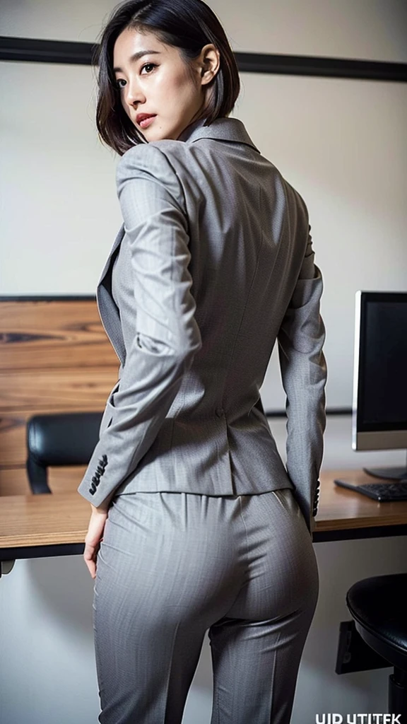 (Best quality, 8k, 32k, Masterpiece, UHD:1.2), 1girl, beautiy Japanese woman, narrow waist, grey suit, open jacket, office lady, suit, pants, from behind, office room, desk, (stick out one's buttocks:1.2), detailed face, short hair, looking at viewer