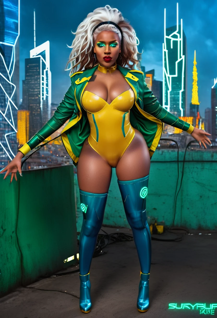 (32K, Best quality, Masterpiece: 1, 2), (Realistic, photograph realistic: 1,37), Top quality, Masterpiece, curvy black woman RogueXMXL, green eyes, lipstick, brown hair, two-tone hair, long hair, messy hair, headband, big breasts, cropped jacket, brown jacket, yellow bodysuit, long bodysuit, yellow gloves, belt, yellow boots upper body photo (Photo realistic),A cyberpunk curvy black woman with green eyes and shiny blue hair stands against a backdrop of a futuristic cityscape. She wears a sleek, metallic blue bodysuit that shimmers under the neon lights. The city behind her is a blend of towering skyscrapers and neon signs, pulsating with vibrant colors