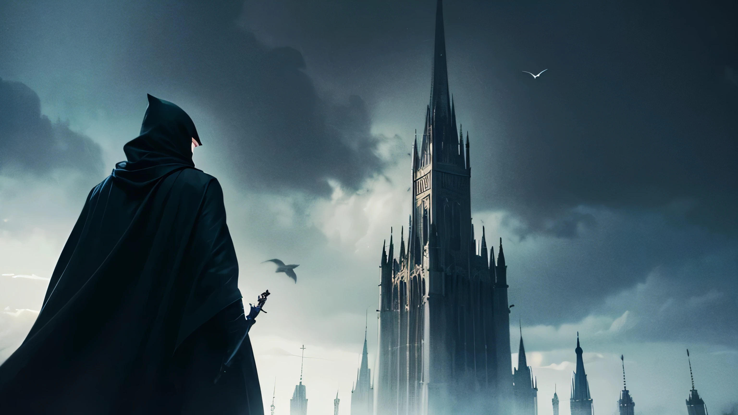 Dark tower, birds flying in dark rainy storm, hooded hero wields a dagger with a cloak, hero is at the entrance of the dark tower, hero looks up in awe at the tower's height, camera panned at the tower entrance behind the hero
