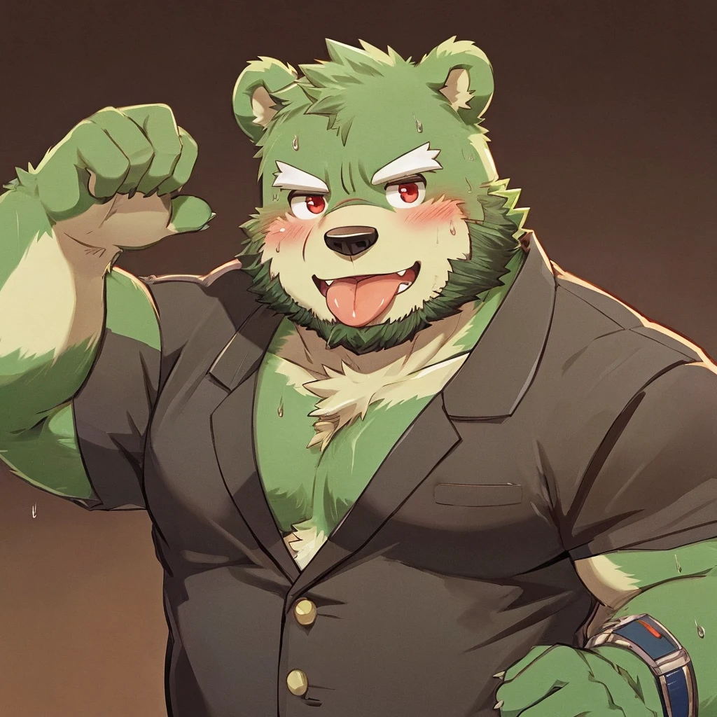 anthro, kemono, male, solo, (((green bear))), (((green fur))), green hair, red eyes, beard, white eyebrows, sexy, blush, wink, simple background, wear a loinclothes, sweating a lot, tongue out, 