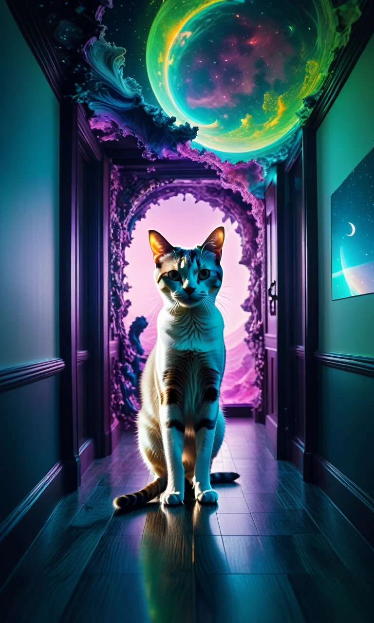 a double exposure photograph of a pet holding a smaller pet, surreal and dreamlike, mixed media digital art, voxel art, corrupted glitch aesthetics, psychedelic colors, distorted and fragmented composition, Caffenol film photography effects, dye destruction fine art photography techniques, whispered particulate recursion, voyage dans la lune, twisted corridor of a corrupted mind, surreal slipstream of the soul, menu design elements, best quality, 8k, highres, masterpiece, ultra-detailed, realistic, photorealistic, HDR, studio lighting, vivid colors, bokeh