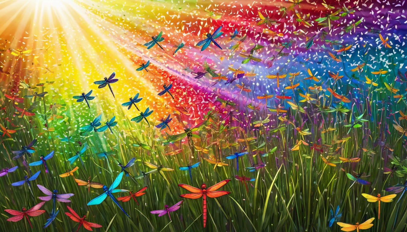 A swarm of dragonflies dancing in the sunlight, their wings shimmering in a rainbow of colors, creating a mesmerizing display.