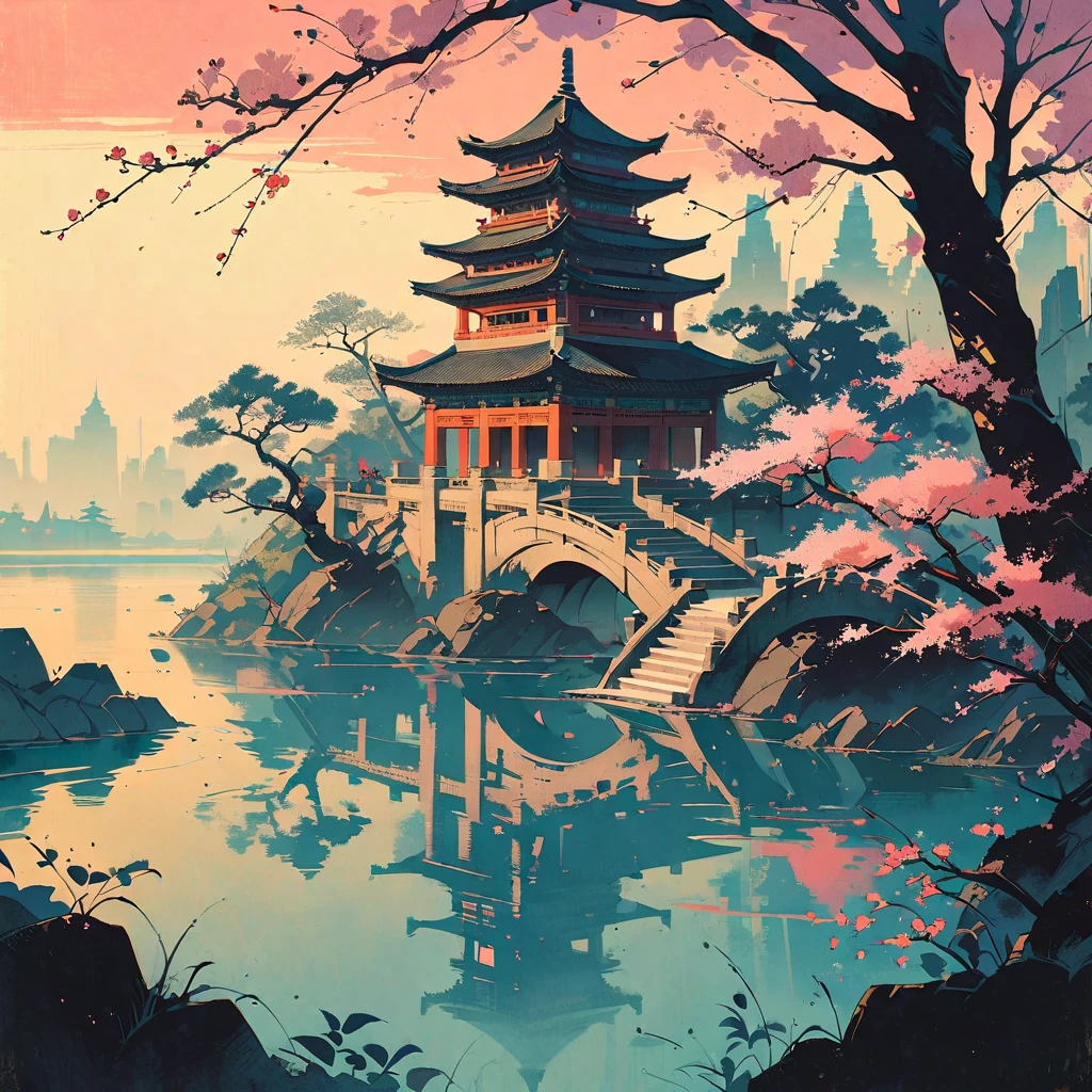ink scenery, no humans, sunset, lake in the middle of the forest, big trees, blooming branches, pink flowers on the water, big temple with stairs, Chinese bridge over the pond, muted colors,  negative space,  chinese ink drawing