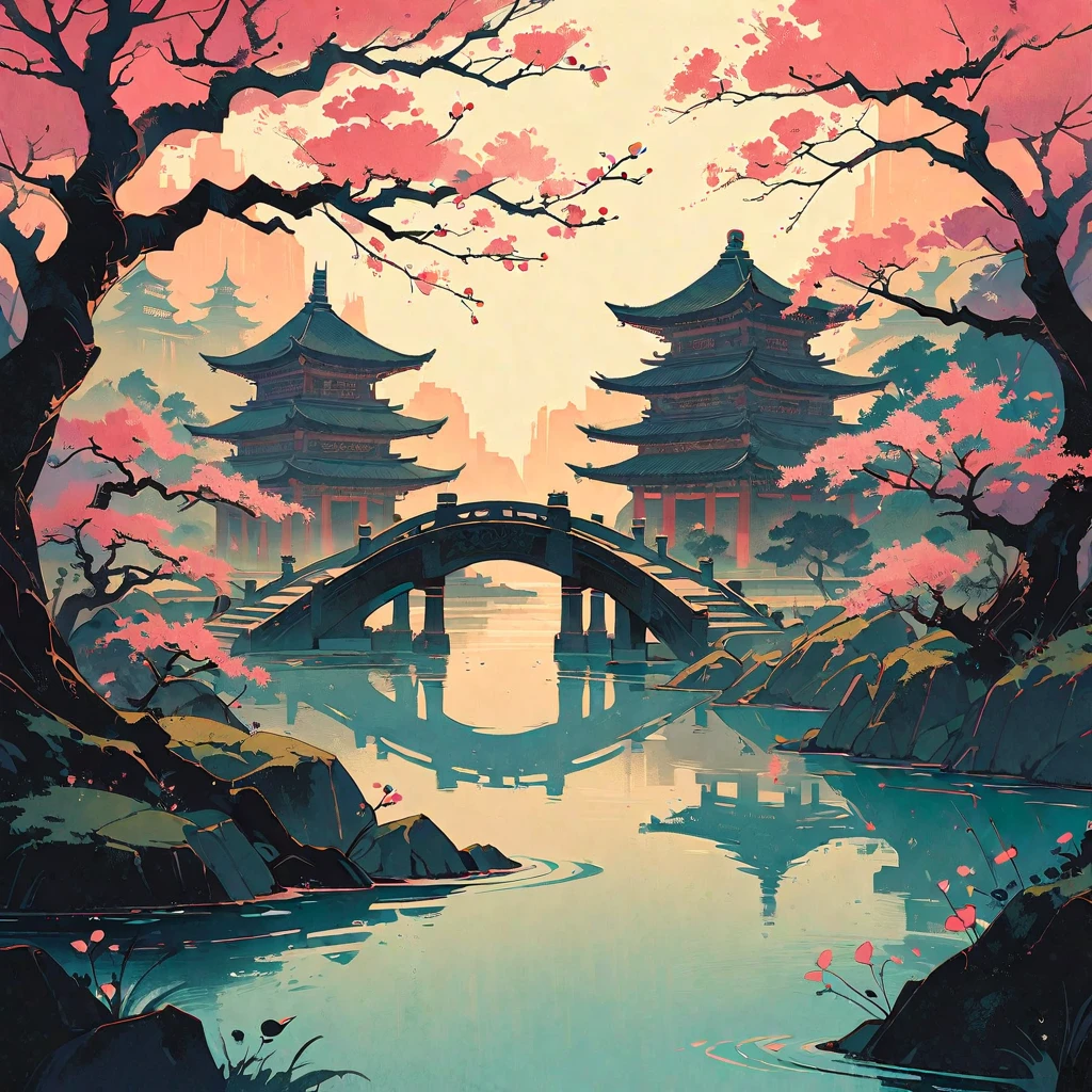 ink scenery, no humans, sunset, lake in the middle of the forest, big trees, blooming branches, pink flowers on the water, big temple with stairs, Chinese bridge over the pond, muted colors,  negative space,  chinese ink drawing