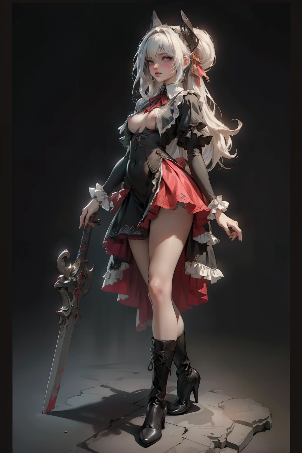  ((best quality)), ((masterpiece)), (detailed), red and white clothing, Bloodborne inspired, occult aesthetic, occult, detailed and intricate steampunk and detailed gothic, NSFW, Very dramatic and cinematic lighting, cosmic horror, grim-dark, side-lighting, perfect face, NSFW, Fluttering lace flared long knee length dress with frilly petticoats, knee length dress, pleated petticoats, lolita dress, petticoats gothic lolita, complex lace boots, side-lighting, gothic lolita aesthetic, wielding a mighty sword with mechanical components, carbine, NSFW, beautiful small breasts, small breasts, full body, whole body, body, NSFW, full body, whole body, head-to-toe NSFW 