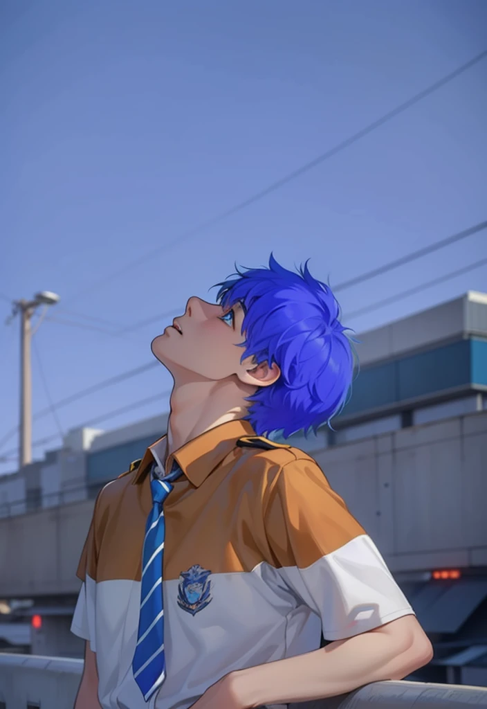 There is a 16-year-old boy with blue hair, blue eyes, on top of a school building. He is thoughtful, somewhat sad, looking at the city. He is feeling the wind on his face. 