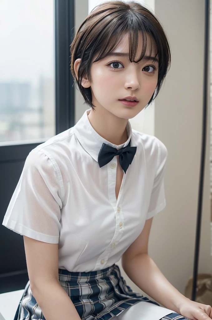 real world、High definition写真、8K、High definition、Ultra Detail、Photorealistic、High resolution、Realisticで正確な描写、Realisticで正確な人体構造、Highest quality、Japanese women 、beautiful girl、(masterpiece:1.2, Highest quality), (Realistic, photoRealistic:1.4), Vivid、 Looking at the audience, whole body, Front view:0.6, 1 girl,、 ((Super Short Hair:1.5)), Let your hair flutter, bangs, Hair between the eyes, Big Breasts:0.8, Beautiful Hair, Beautiful Face, Beautiful and detailed, Beautiful clavicle, Beautiful body, Beautiful breasts, Beautiful thighs, Beautiful legs, Beautiful fingers, (Beautiful views), , School, ((((Plain white shirt、Regular collar shirt)))),((Checkered Pleated Skirt, A bow tie)), Dough panties, (Are standing, , Flip up the skirt, Grab the hem of the skirt, please put your hand on your chest, Place your hands between your legs), blush,、Exposing cleavage、(Urinary incontinence、incontinence、Urinating、urination、Urine stains、Large amounts of urine、シャワーのようなUrinating、Pee、The groin is wet with urine:1.5)、Pleasure、certainly、Spread your legs