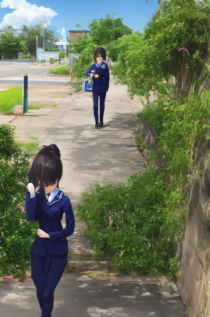 A working girl student in uniform,  tired, walking in a sidewalk of school