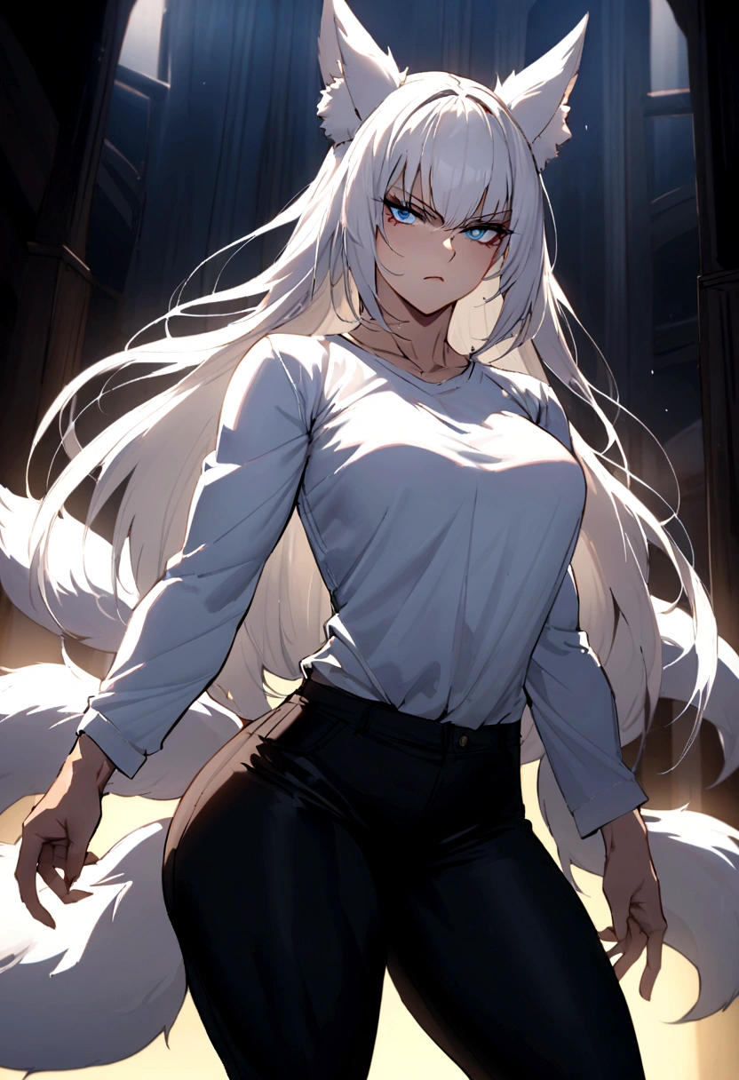 Create a woman she has long straight white hair, 5 white Kitsune tails, she wears a long-sleeved shirt, has blue eyes, and an extremely serious face, wear dark pants, has a well-muscled body with voluminous thighs and medium breasts