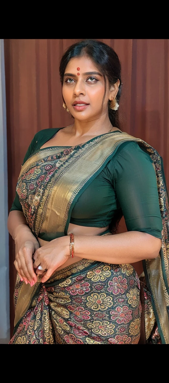 A hindu devi yakshini, a hot body, big breast, thick thighs, wearing saree with blouse and bikini, golden jewelry, doing poses standing, in bedroom, and with horny face.