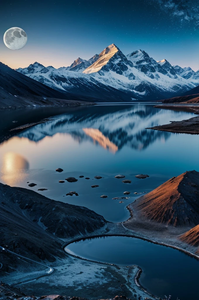 mountain,moon,star,lagoon,High resolution images,realistic,8K