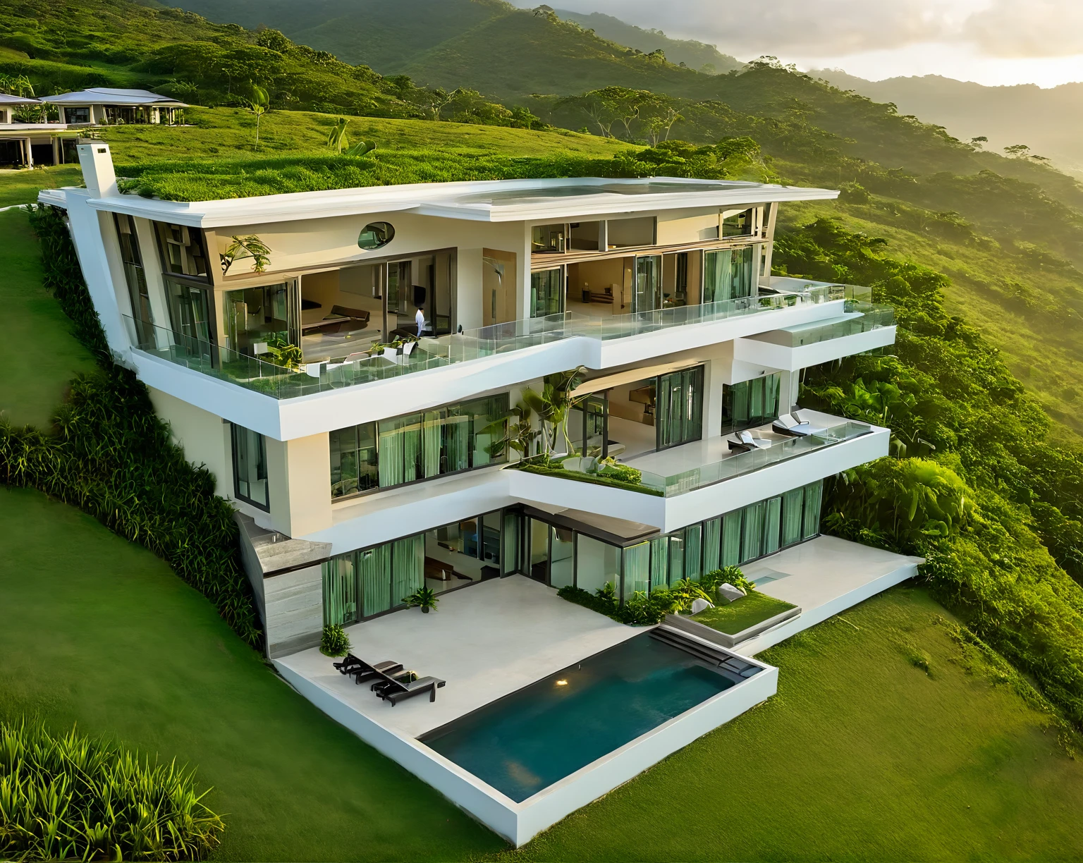 in the morning, sunrise, contemporary house exterior, beige and white mix together, glass door and window, large span balcony, on grassland, hillside, tropical landscape, masterpiece, high