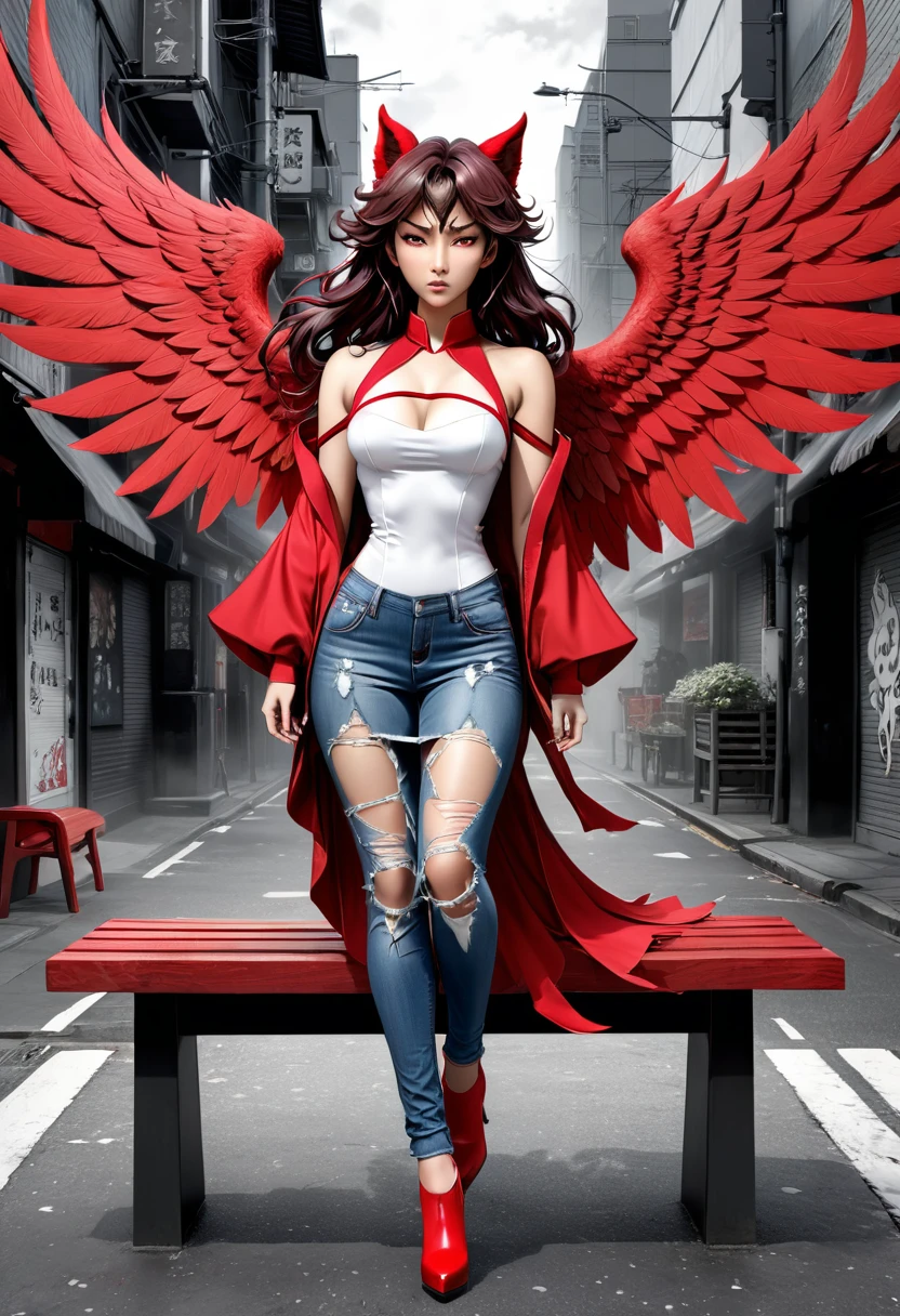 photo realism anime style Yusuke murata art with a big wolf at his side Goddess phoenix girl chunli + Sakura with big red angel wings and broad shoulders with wavy cropped hair v-cut dress V-cut ripped jeans wearing high heels walking on a dark gloomy street scared style photo realism, fully detailed drawing in black and monochrome bench and only the eyes in strong red