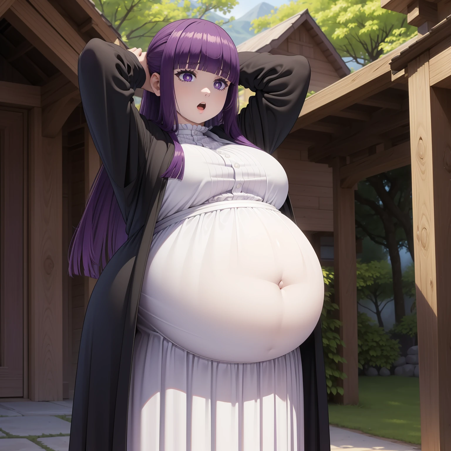 masterpiece, best quality, highres, aafern, long hair, purple hair, blunt bangs, purple eyes, ?????????????, long dress, white dress, black robe, long sleeves, standing, ((big belly, massive belly, giant belly)), shocked, open mouth, (hands behind head:1.4), (solo:1.5)