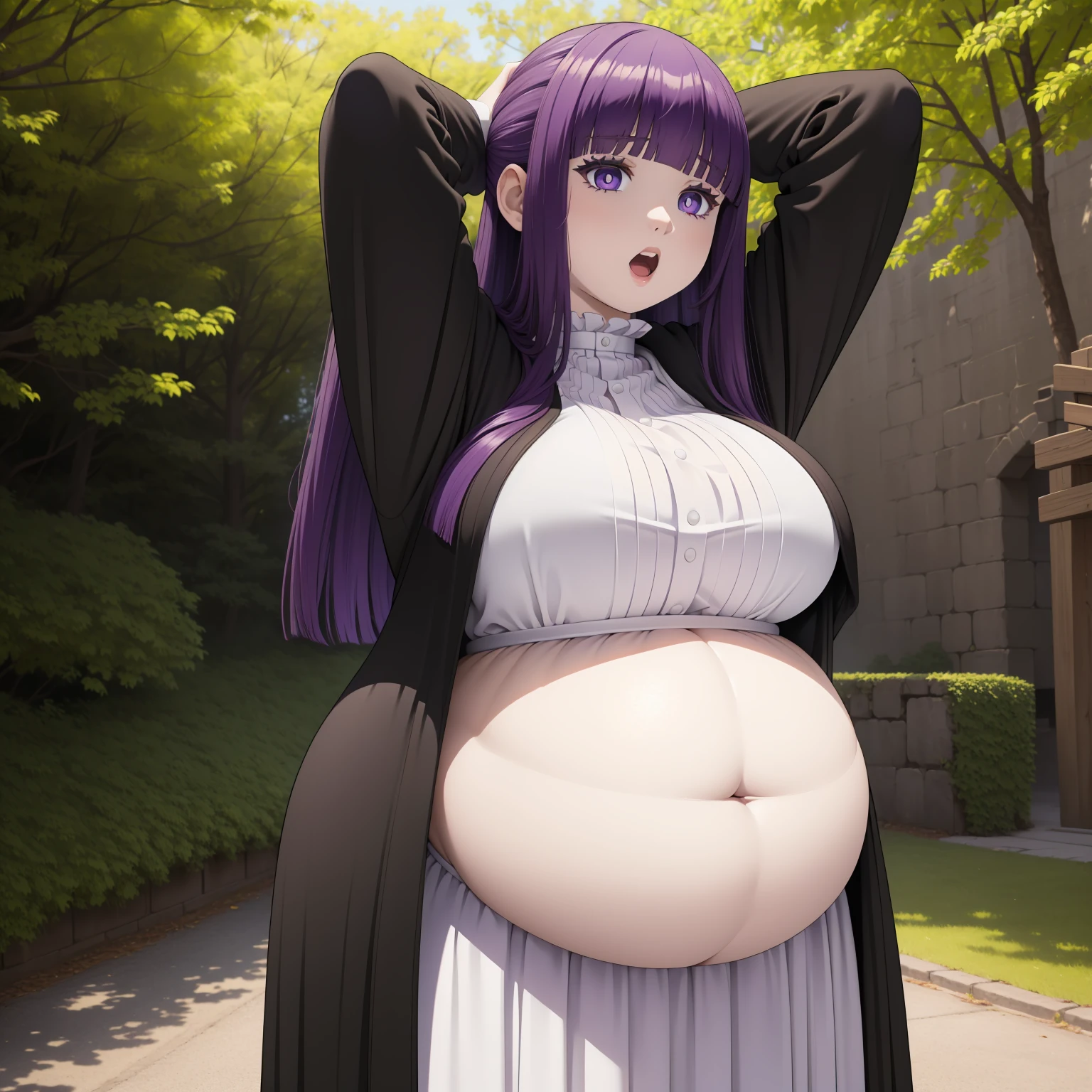 masterpiece, best quality, highres, aafern, long hair, purple hair, blunt bangs, purple eyes, large breasts, long dress, white dress, black robe, long sleeves, standing, ((big belly, massive belly, giant belly)), shocked, open mouth, (hands behind head:1.4), (solo:1.5)