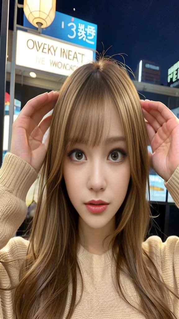 ( high quality , Super detailed, Watch your hands )Curious, Skillful, Humorous, Fascinating, Imaginative faces , Sometimes unrealistic, Restless, Nervous, Careless style , Light brown eyes , Light blonde hair , Transparent Dress , In the middle of the night , whole body , Sexy Makeup ,Photograph the whole body、Midnight