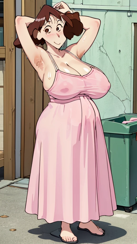 Misae Nohara, (Auntie:1.5), (Mature Woman:1.5), (absurderes, 8K, 4K, masutepiece, hyper extreme detailed:1.2), Best Quality, Perfect Anatomy,Perfect face,High humidity, (Huge breasts:1.8), (A sheer pink nightgown:1.4), (Wet:1.2), (.Alley:1.3), Graffitied wall, Garbage can, Scattered trash, (alone:1.5), (Brown eyes:1.2), (Clothing is revealing:1.2), Exposed shoulders, Torn clothes, Are pregnant, Firm breasts, Upturned nipples, Showing cleavage, Mole on chest, (Thick armpit hair:1.4), (blush:1.2), A kind smile, relief, peace of mind, (maternal:1.3), (Gentle look:1.5), Smiling face, (Outdoor:1.5), (Out:1.3), half closed eyes, naughty face