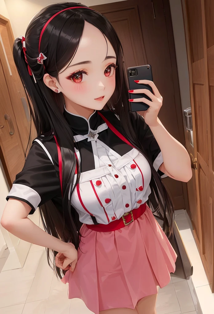 there is a woman with a red nail polish on her head, dilraba dilmurat, ruan cute vtuber, 19-year-old girl, girl cute-fine-face, she has a cute face, selfie of a young woman, attractive girl, young cute face, profile pic, 18 years old, young and cute girl, malaysian,full body