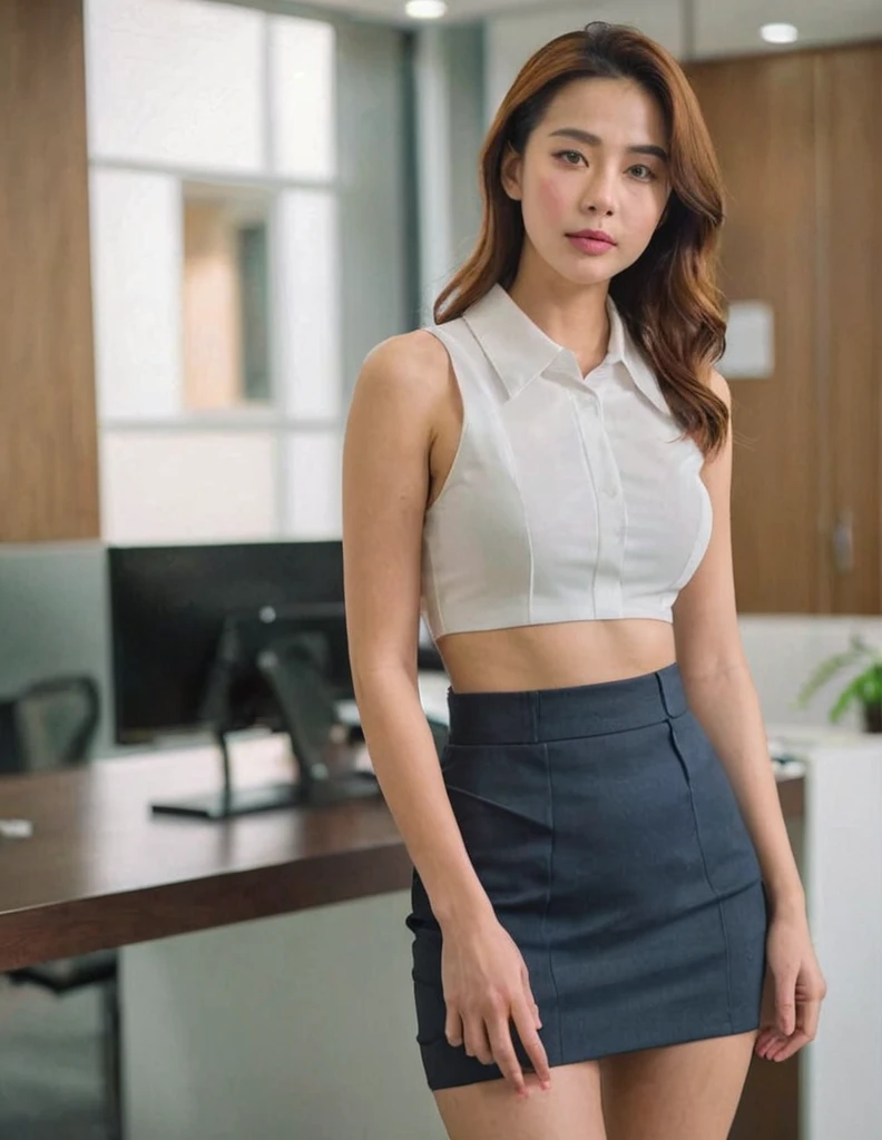 8K，Surreal，In the office building，Female secretary，Public places，Beutiful women，Extremely sexy body detail room looking directly into the camera，with sexy look，gigantic cleavage breasts，She is wearing a Miniskirt，The bulging and upturned figure makes this skirt more attractive。The lines of the skirt follow her curves，Graceful curves flow from the waist to the legs，Outline her perfect figure
