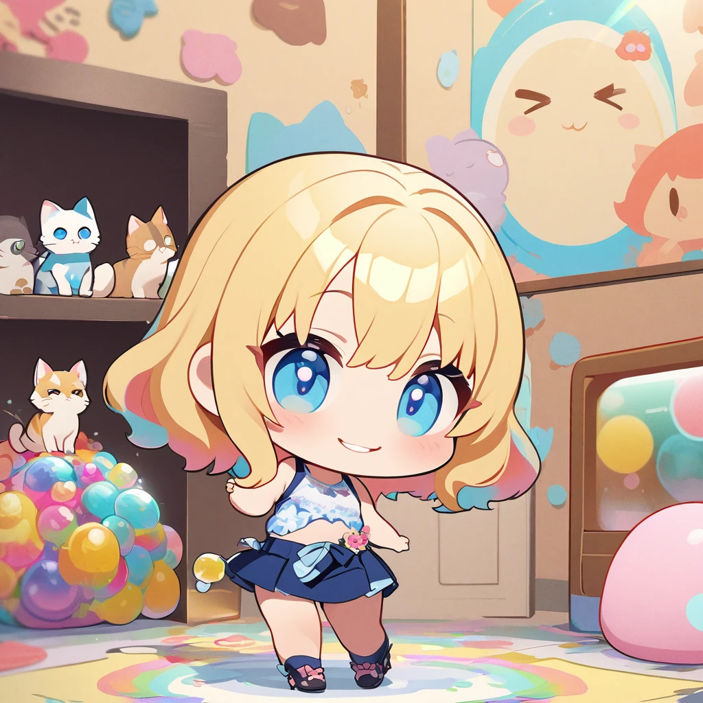 masterpiece、Highest quality、Depth of subject、２D illustration、1 beautiful girl、独奏, (((chibi style)))、Long, beautiful hair、shiny blonde hair、cute、Beautifully detailed eyes、((Tank top))、a glass of blue soda, ((colorful))、mini skirt、((happy smile))、((kitten cluster)), ((full body shot))、((in the room))、((There&#39;s a lot of pink around))、Thighs、((vivid color))、sparkle、((Lens flare))、