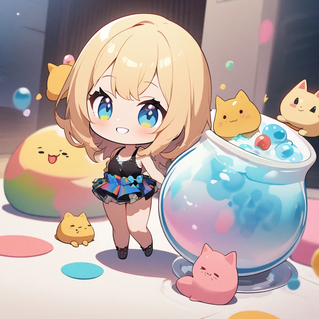 masterpiece、Highest quality、Depth of subject、2D illustration、1 beautiful girl、独奏, (((chibi style)))、Long, beautiful hair、shiny blonde hair、cute、Beautifully detailed eyes、((Tank top))、a glass of blue soda, ((colorful))、mini skirt、((happy smile))、((kitten cluster)), ((full body shot))、((in the room))、((There's a lot of pink around))、Thighs、((vivid color))、sparkle、((Lens flare))、