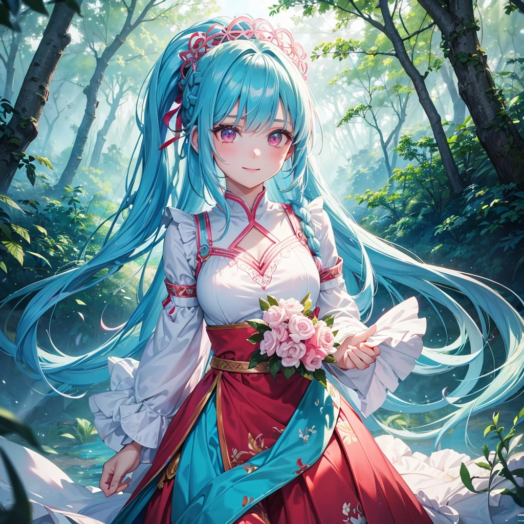 Sky blue hair, (Braided Ponytail),(Pink Eyes),Fair skin ,(whole body),1 Girl,smile,White and red clothing,Fresh Green Forest,Forest Goddess,Straight bangs,(masterpiece, Highest quality, Super detailed, Best Shadow), (Detailed Background), (Beautifully detailed face), High Contrast, (Best lighting, Very delicate and beautiful), ((Cinematic Light)), colorful, Hyper Detail, Dramatic Light, Intricate details,forest guardian,Leaf Blizzard,