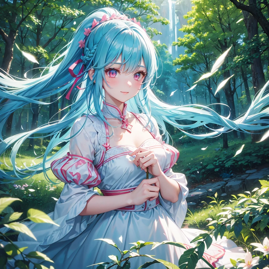 Sky blue hair, (Braided Ponytail),(Pink Eyes),Fair skin ,(whole body),1 Girl,smile,White and red clothing,Fresh Green Forest,Forest Goddess,Straight bangs,(masterpiece, Highest quality, Super detailed, Best Shadow), (Detailed Background), (Beautifully detailed face), High Contrast, (Best lighting, Very delicate and beautiful), ((Cinematic Light)), colorful, Hyper Detail, Dramatic Light, Intricate details,forest guardian,Leaf Blizzard,