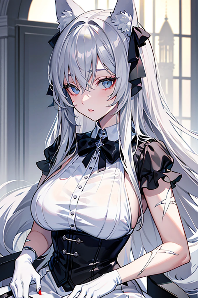 best qualtiy,tmasterpiece,The is very detailed,4K,Gray hair and shallow eyes,Drag cool expressions,Wolf ears,Erect scar on the left eye,British style,1girl,Absolutely beautiful, huge breasts, white costume, ear ribbon