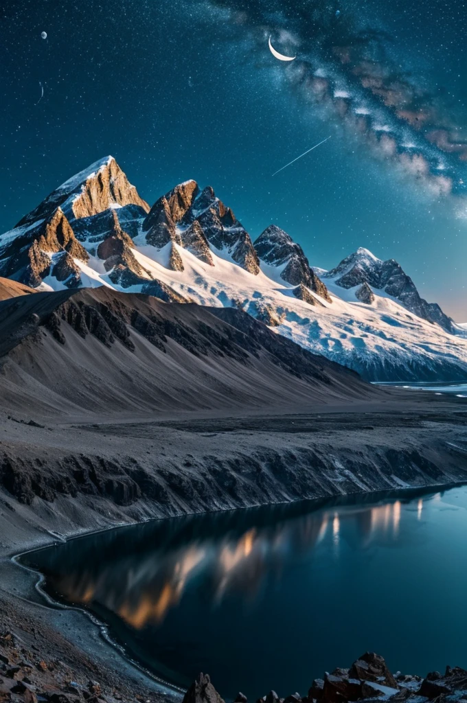 mountain,moon,star,lagoon,High resolution images,realistic,8K