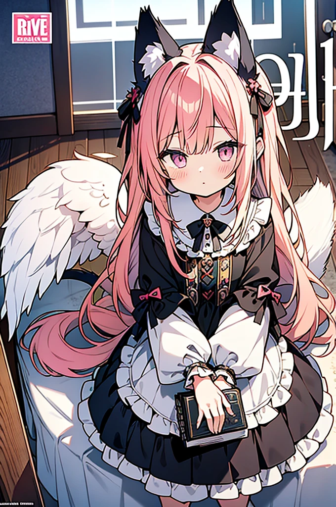 anime style,(((Occult magazine cover style))),book title is "END OF THE WORLD",2people looks like 2girls,
1of2=cute shota with cat ears angel, long pink hair, angel ring, angel wings, white frilly dress,
 /// 
2of2=cute shota with wolf ears fenrir, looks like a girl, long black hair, wolf tail, black frilly dress, gothic skirt,