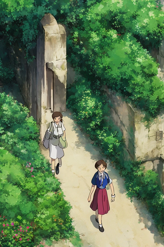 
A working girl student in uniform, tired, walking in a sidewalk of school, studio ghibli