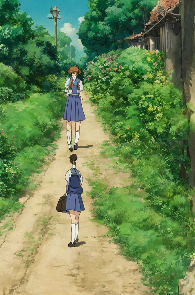 A working girl student in uniform, tired, walking in a sidewalk of school, studio ghibli