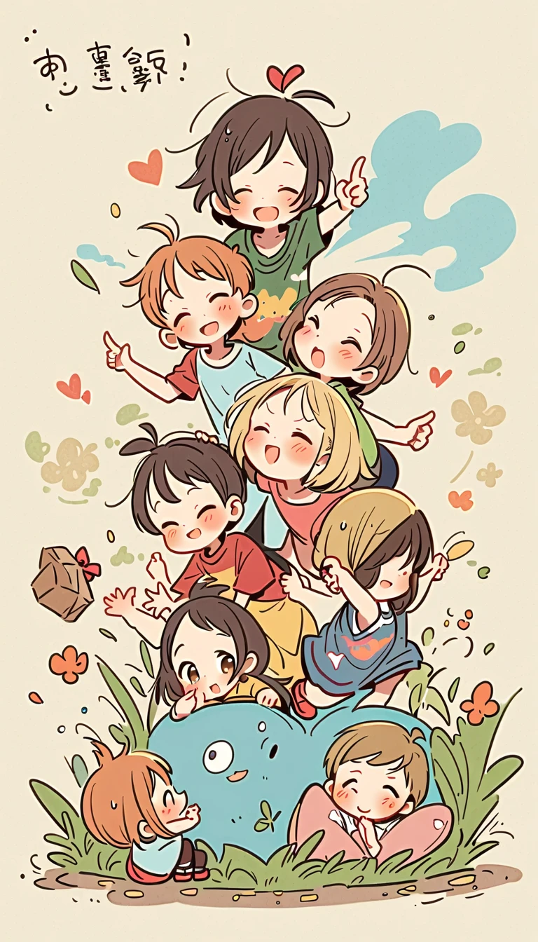 Create an image of 8 children playing, divided into 2 groups of 4 each. They are playing on a rice field ridge under a clear and cheerful sky. One from each team is playing rock-paper-scissors to determine the winner. The children are wearing simple and cheerful clothing.