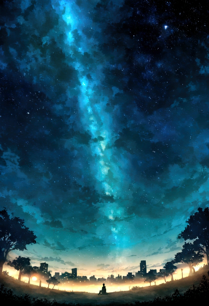 octans, sky, star (sky), scenery, starry sky, night, One age boy, night sky, solo, outdoors, building, cloud, milky way, sitting, tree, short hair, city, silhouette, cityscape