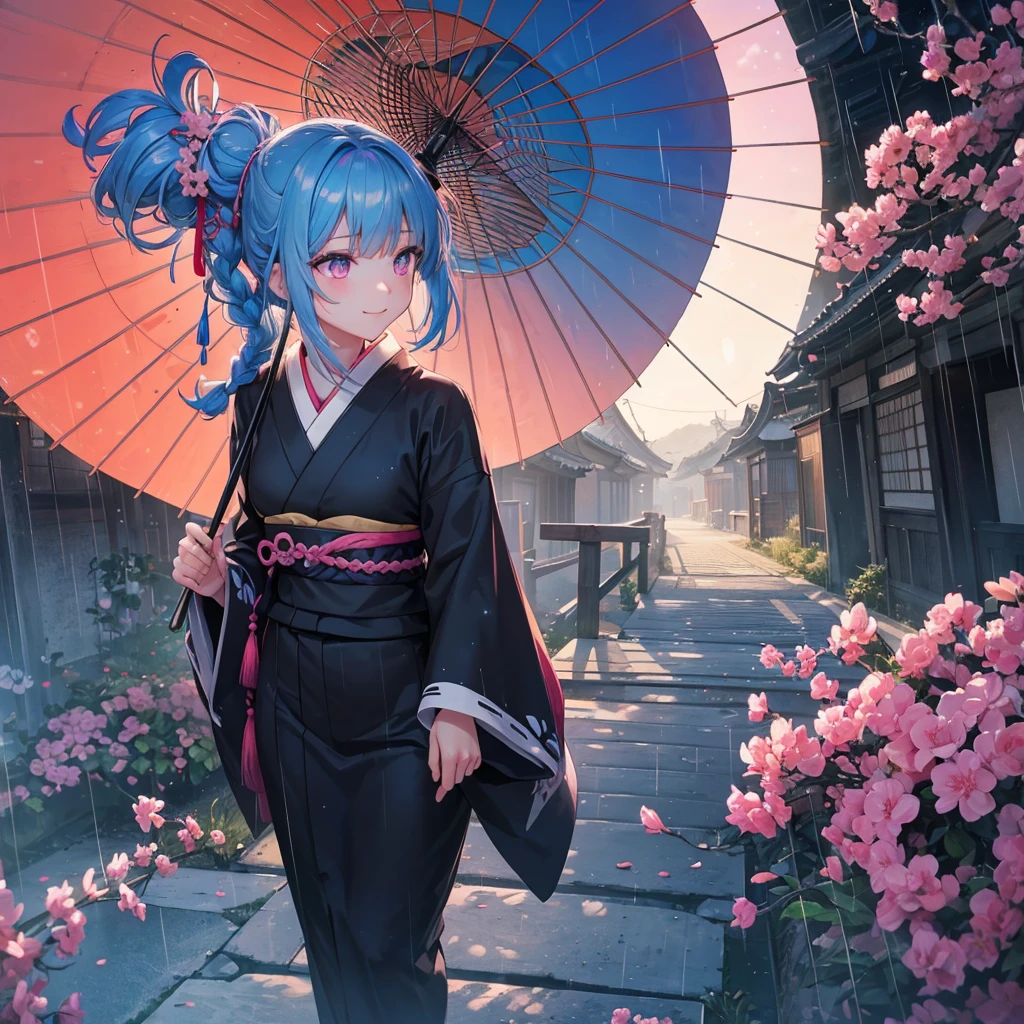 sky Blue hair, (braided ponytail),(pink eyes),fair skin ,(full body),(1 girl),smile,Straight Bangs,(masterpiece, best quality, ultra-detailed, best shadow), (detailed background), (beautiful detailed face), high contrast, (best illumination, an extremely delicate and beautiful), ((cinematic light)), colorful, hyper detail, dramatic light, intricate details,rain shower,kyoto,Japanese Umbrella,black kimono,傘に隠れる