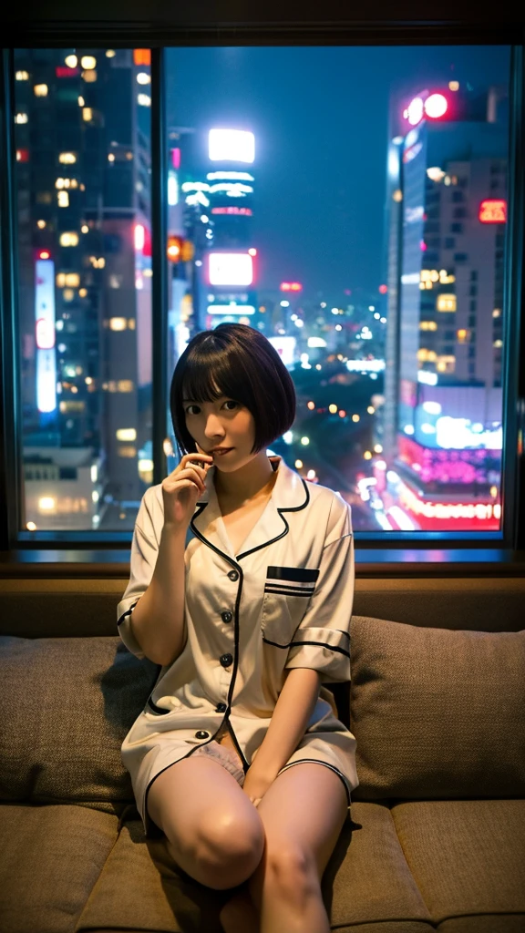 25 years old, Japanese woman, beautiful, short hair, pajamas, sitting on sofa, Tokyo night view from window