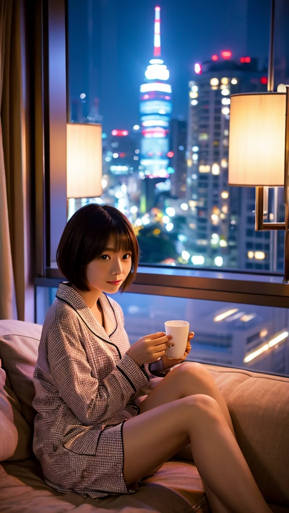25 years old, Japanese woman, beautiful, short hair, pajamas, sitting on sofa, Tokyo night view from window