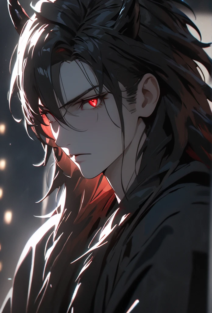 (solo), masculine, black hair, messy hair, mane hair, long hair, dense hair, wild hair, expressive hair, mature,(25 year old), pale skin, red eyes, ((man)), wearing a black robe, black demon horns,, serious, handsome, attractive, eye reflection, depth of field, thunder aura,cinematic lighting, ray tracing, depth of field, cinematic lighting, ray tracing, UHD, high details, best quality, highres, high quality, award winning, super detail, masterpiece, 8k, UHD, high details, best quality, highres, high quality, award winning, super detail, masterpiece, 8k, digital art, anime coloring, full body, body shot, good face, perfect face, detailed face, good eyes, sitting on a throne