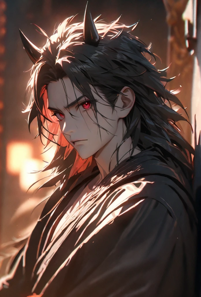 (solo), masculine, black hair, messy hair, mane hair, long hair, dense hair, wild hair, expressive hair, mature,(25 year old), pale skin, red eyes, ((man)), wearing a black robe, black demon horns,, serious, handsome, attractive, eye reflection, depth of field, thunder aura,cinematic lighting, ray tracing, depth of field, cinematic lighting, ray tracing, UHD, high details, best quality, highres, high quality, award winning, super detail, masterpiece, 8k, UHD, high details, best quality, highres, high quality, award winning, super detail, masterpiece, 8k, digital art, anime coloring, full body, body shot, good face, perfect face, detailed face, good eyes, sitting on a throne