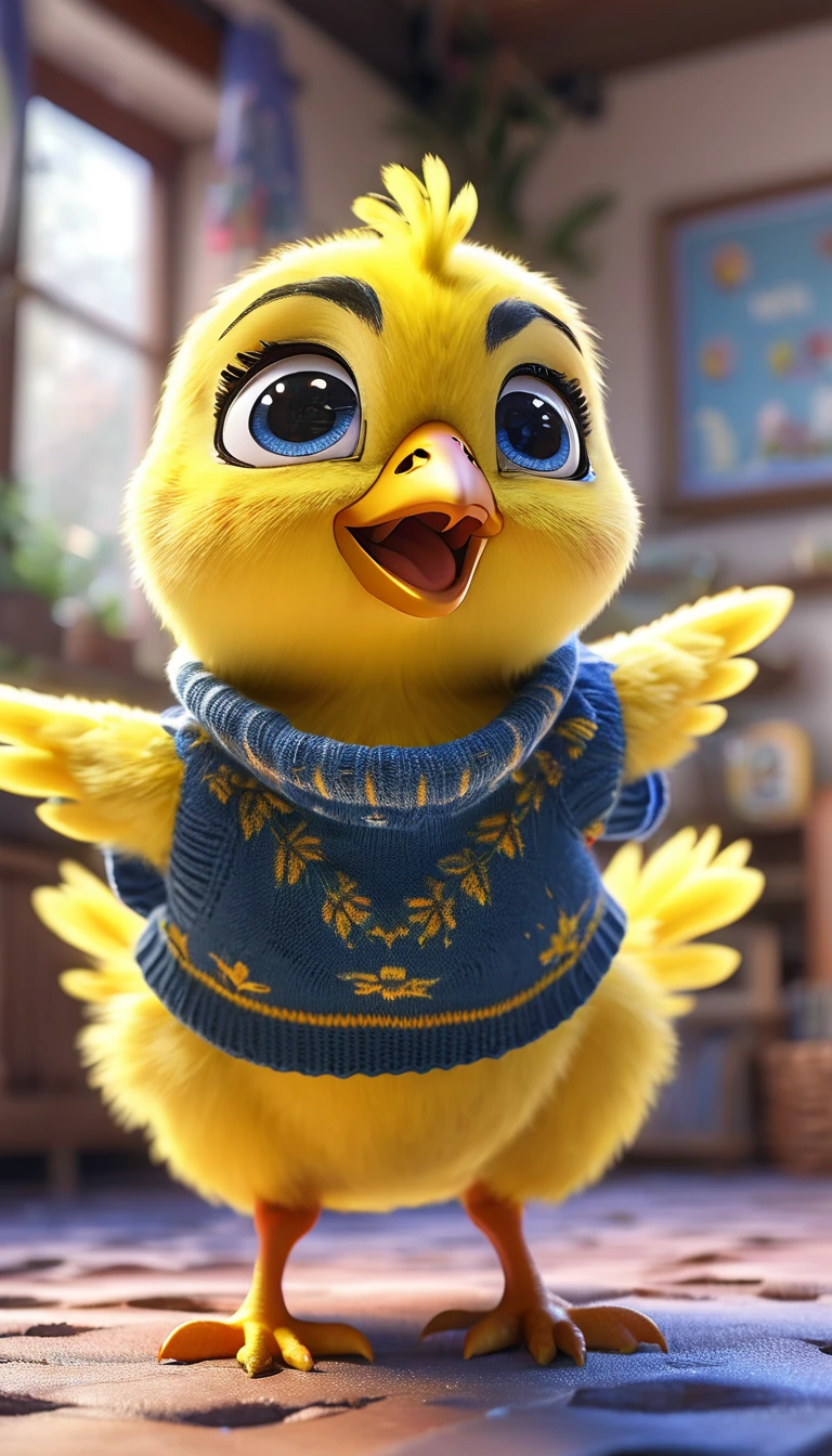 cute yellow chick, cartoon,arms, hands ,cute eyes, looking at viewer, arms up, effects background, particles, random, white background, blue eyes, sweater
