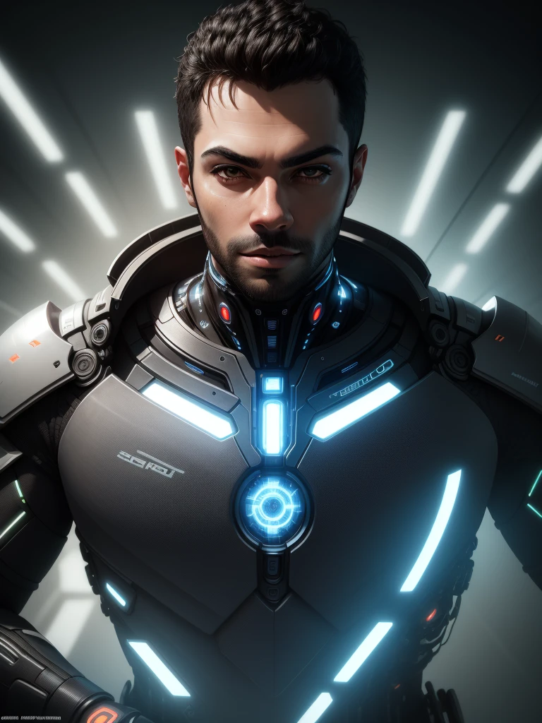 detailed portrait of a futuristic human, realistic cyborg android, highly advanced technology, glowing circuitry, bionic implants, luminous eyes, metallic skin, intricate machinery, sleek robotic design, cinematic lighting, digital energy field, complex engineered details, photorealistic 8k, concept art style