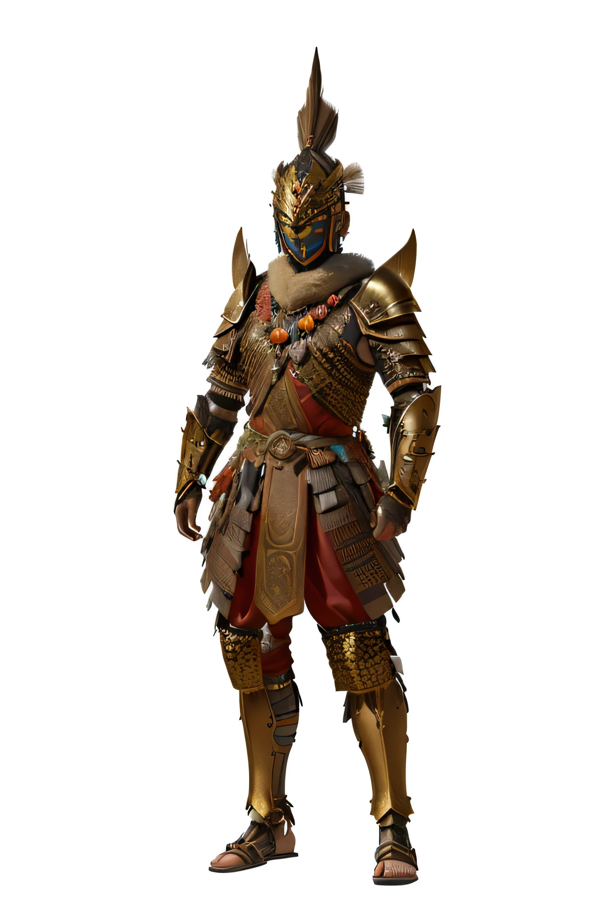 a close up of a person in a costume with a mask, ancient warrior, hybrid from dynasty warriror, wearing tribal armor, apsaras warrior, tribal armor, 3 d render of a shaman, safi'jiiva armor, in game capture 3d render, clothed in ancient battle armor, ancient armor, maya render, warrior outfit, 3 d maya render